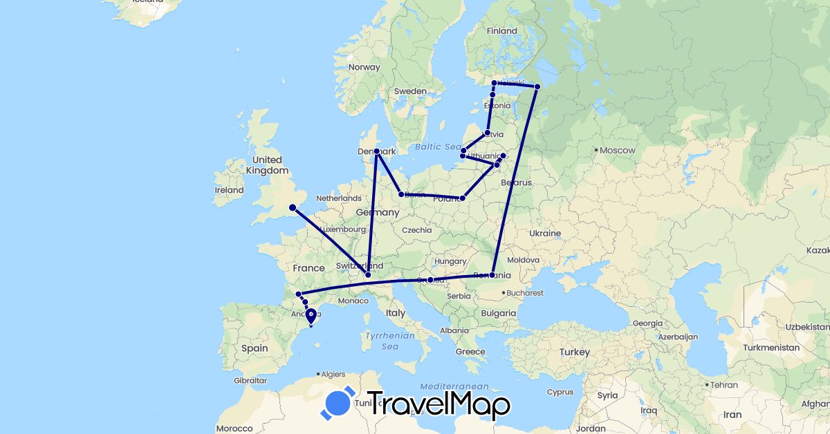 TravelMap itinerary: driving in Germany, Denmark, Estonia, Spain, Finland, France, United Kingdom, Croatia, Italy, Lithuania, Latvia, Poland, Romania, Russia (Europe)