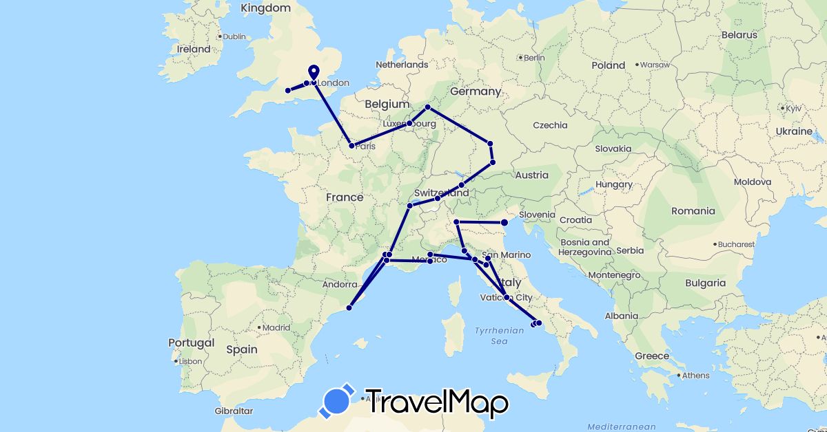 TravelMap itinerary: driving in Switzerland, Germany, Spain, France, United Kingdom, Italy, Liechtenstein, Luxembourg, Monaco (Europe)